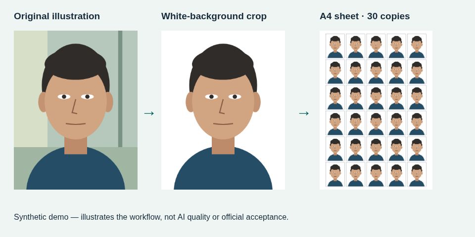 Synthetic portrait, white-background crop, and an A4 print sheet of 30 copies